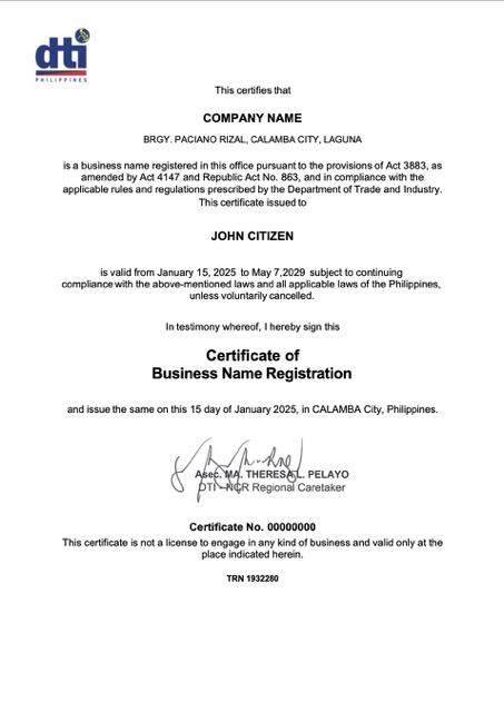 Philippines Calamba certificate of business name registration Word and PDF template